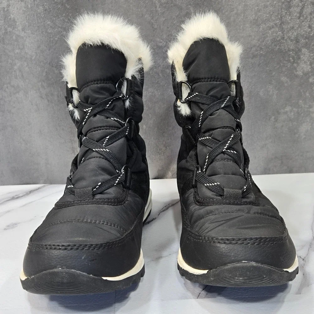 Sorel Whitney Short Lace Boots Womens 7.5 Black Waterproof Winter Faux Fur Snow